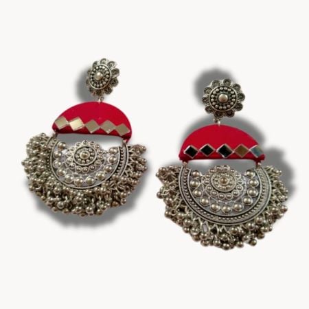 Dark Pink Mirror Oxidized Heavy Jhumka Earrings